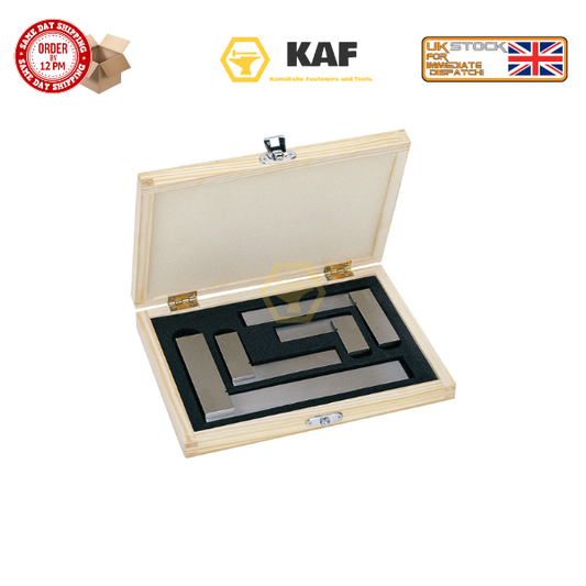 KAF 4-Piece Precision Engineers Square Set (2", 3", 4", 6") | DIN 875/1 Machinist Grade Steel L-Squares in Wooden Box